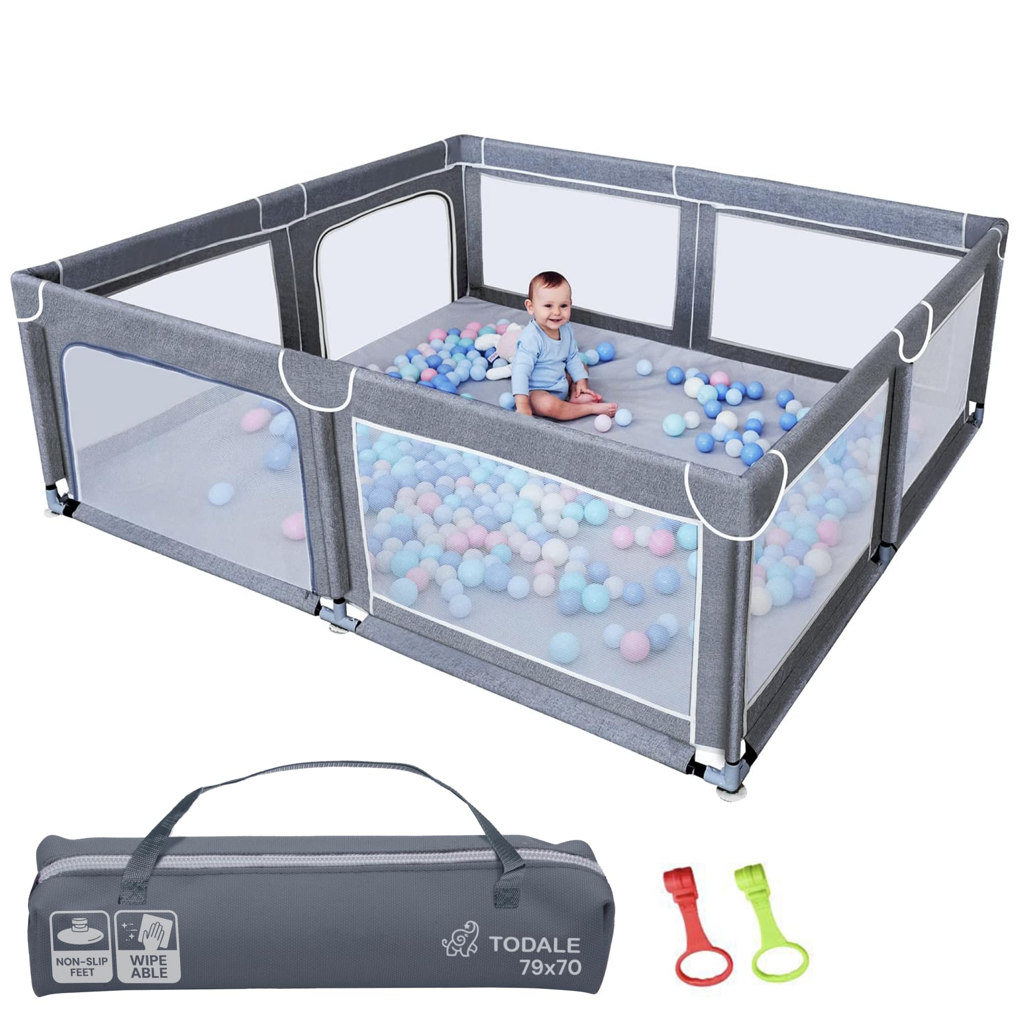 Todale baby playpen 79x70 gray assembled, providing a roomy, safe play space for curious babies.