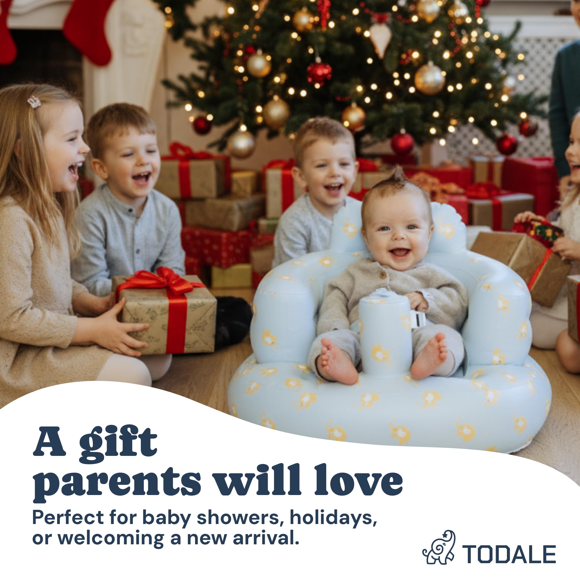Todale inflatable baby seat in a hands-free-use scenario during mealtime.