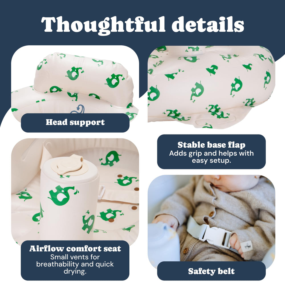 Todale inflatable baby seat in a compact, portable form for trips.