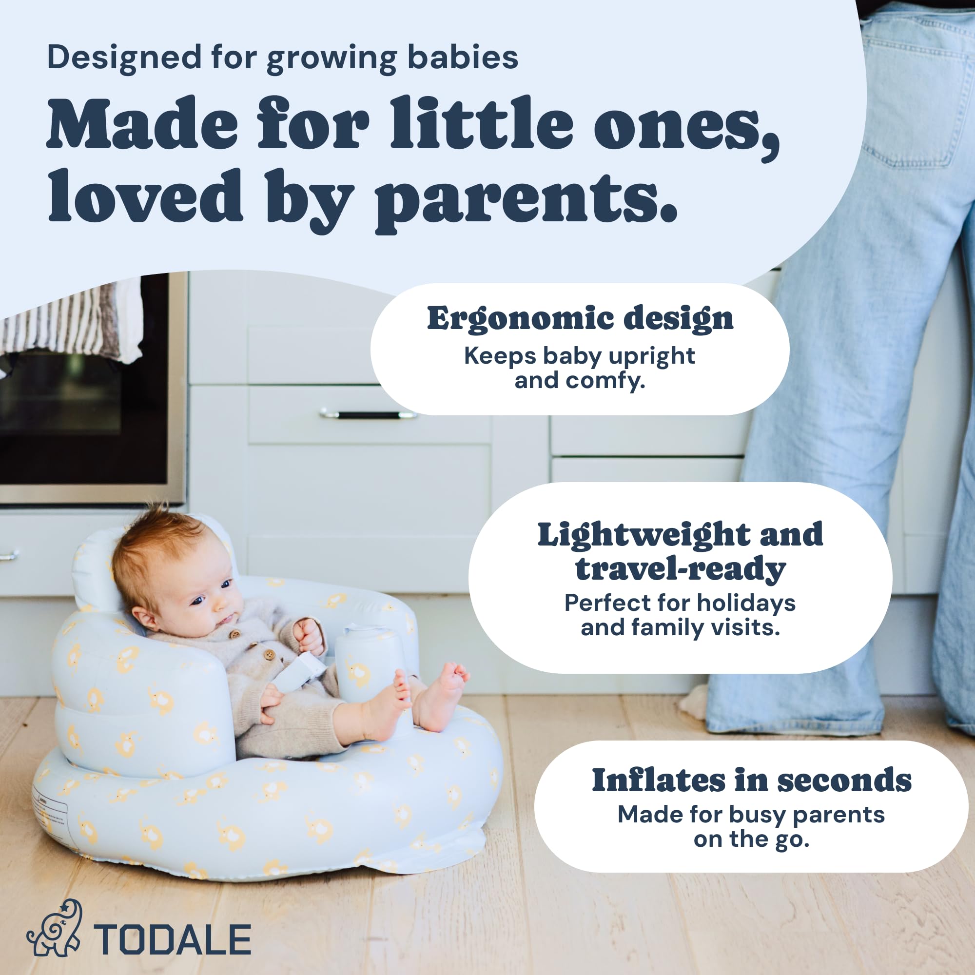 Todale inflatable baby seat showing safety belt to keep baby secure.