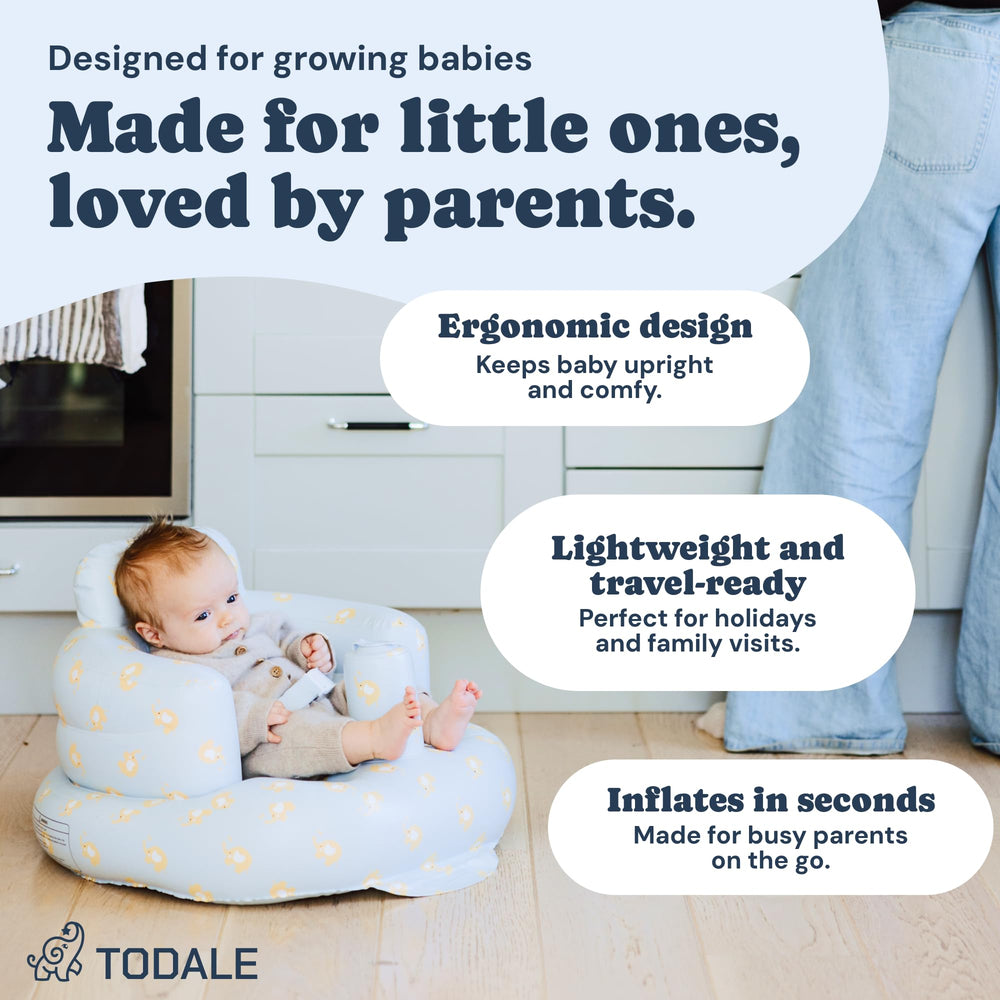 Todale inflatable baby seat showing safety belt to keep baby secure.