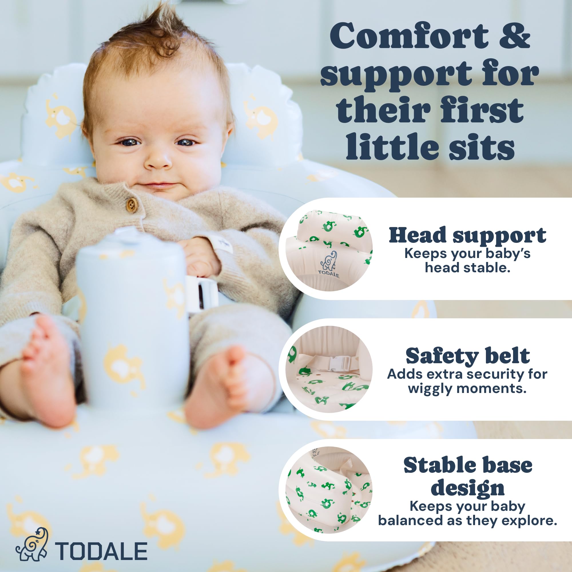 Todale inflatable baby seat highlighting spine and head support for upright sitting.