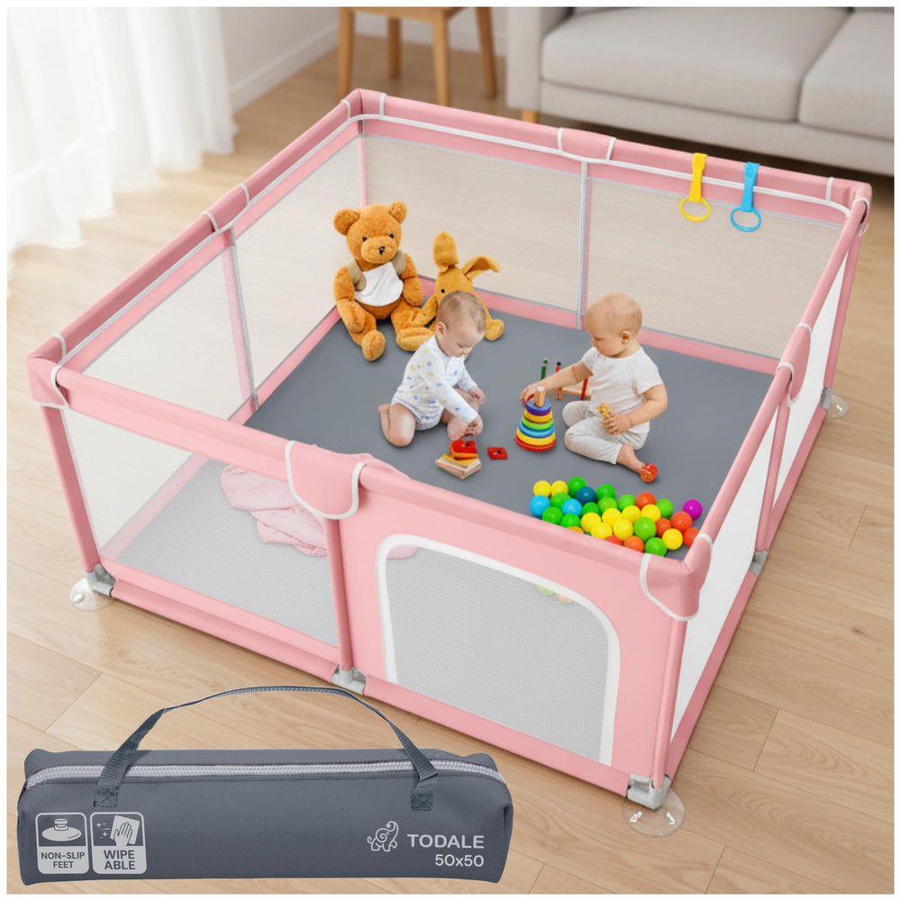 Todale Play Pen pink wide view shows spacious interior for safe independent play.