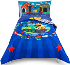 Todays Kids Choo Choo Train bed sheets feature a rail-scene design that makes bedtime playful.