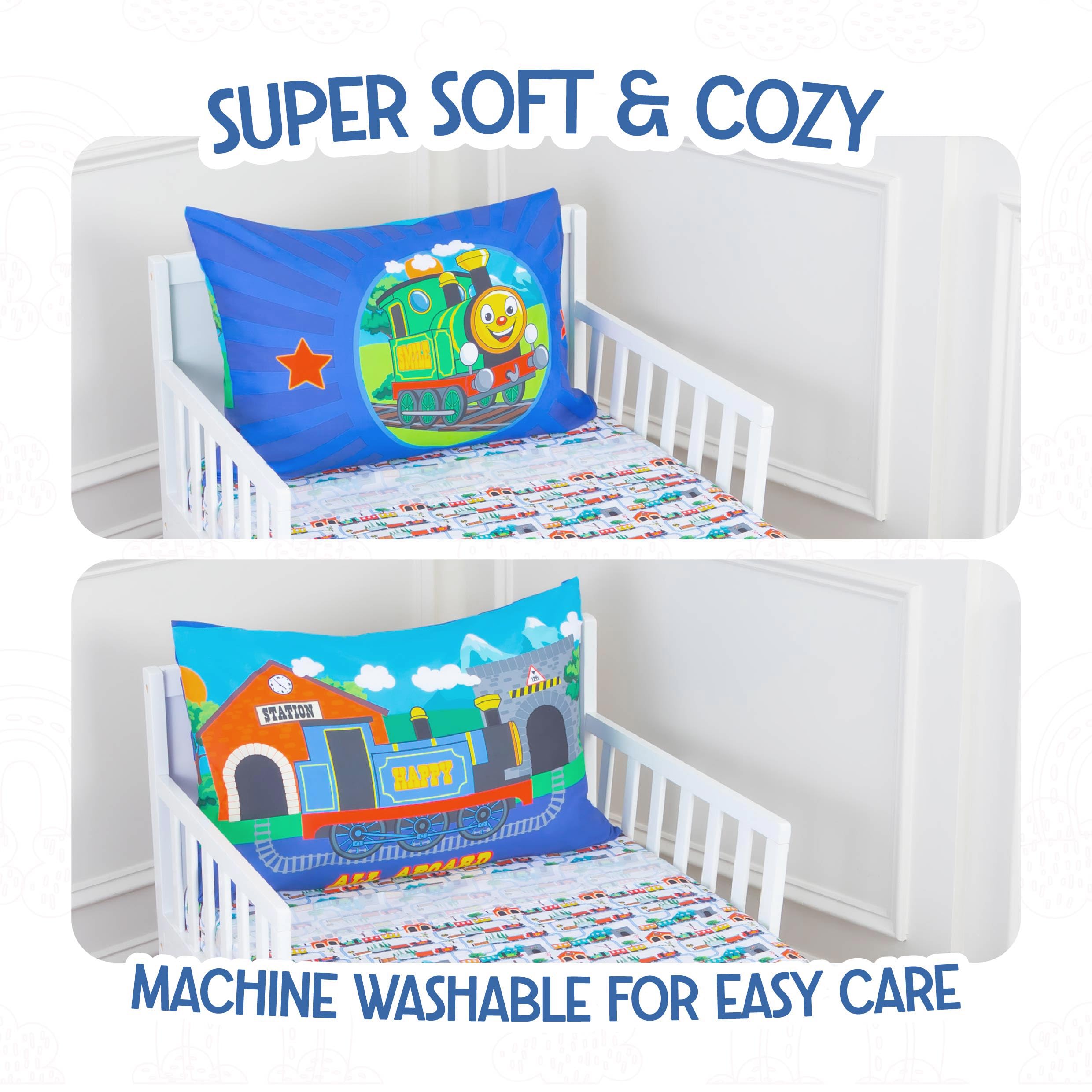 Todays Kids Choo Choo Train care-friendly bedding stays bright after washes.