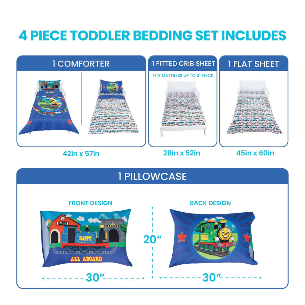 Todays Kids Choo Choo Train fitted sheet fits standard toddler crib-size beds with an 8-inch pocket.
