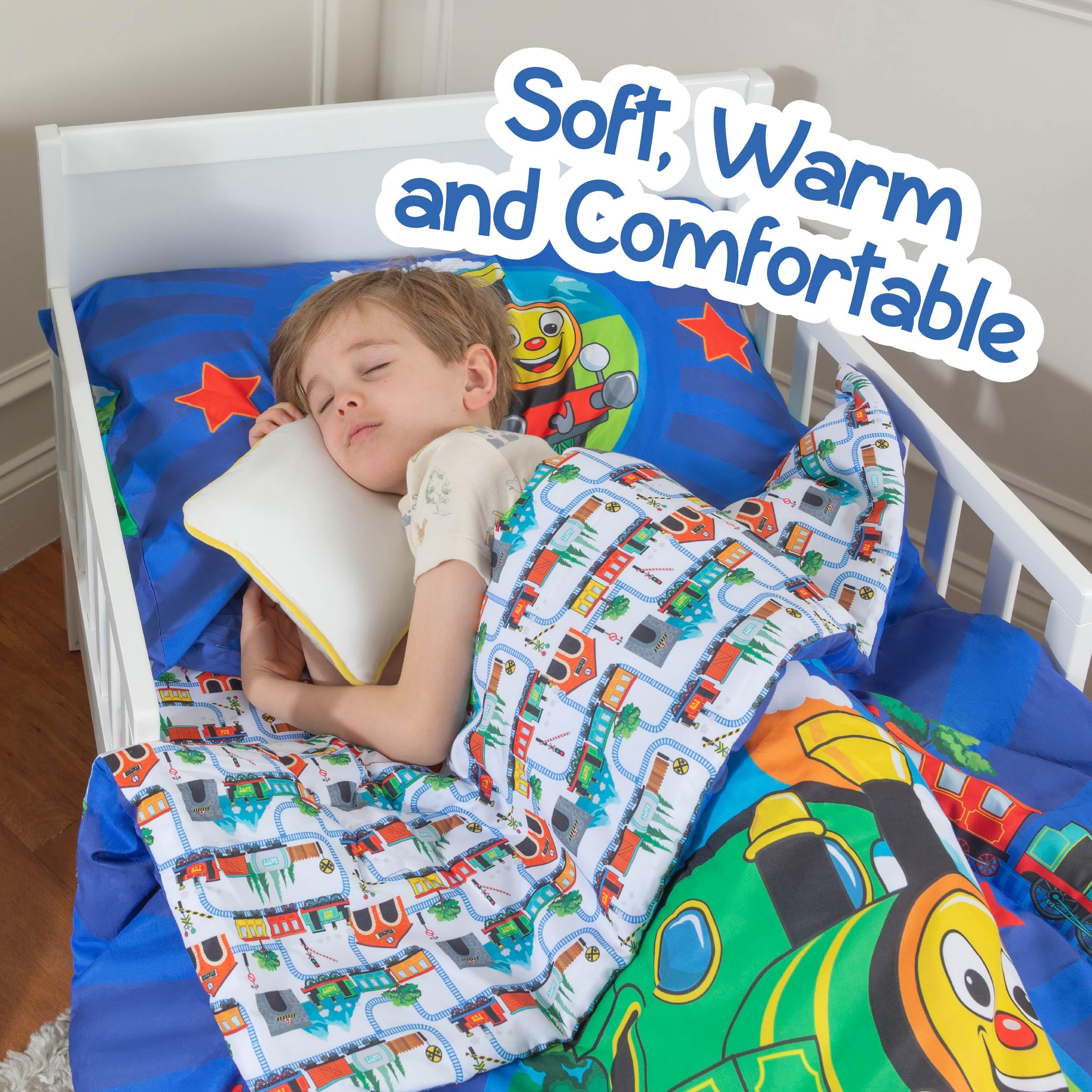 Todays Kids Choo Choo Train room setup highlights kid-friendly bedding for imaginative bedtime.