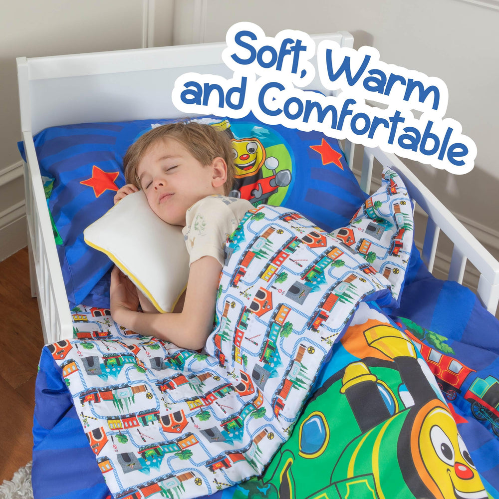 Todays Kids Choo Choo Train room setup highlights kid-friendly bedding for imaginative bedtime.