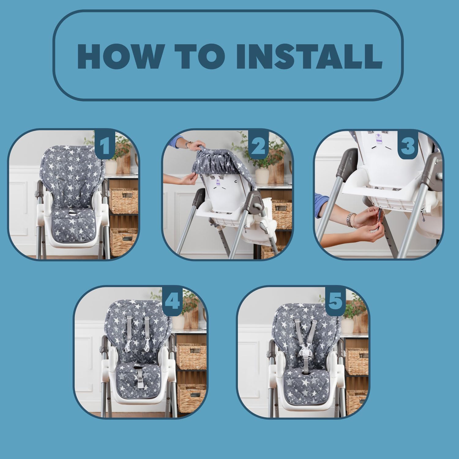 Todays Kids high chair pad elastic-back keeps pad secure during feeding.