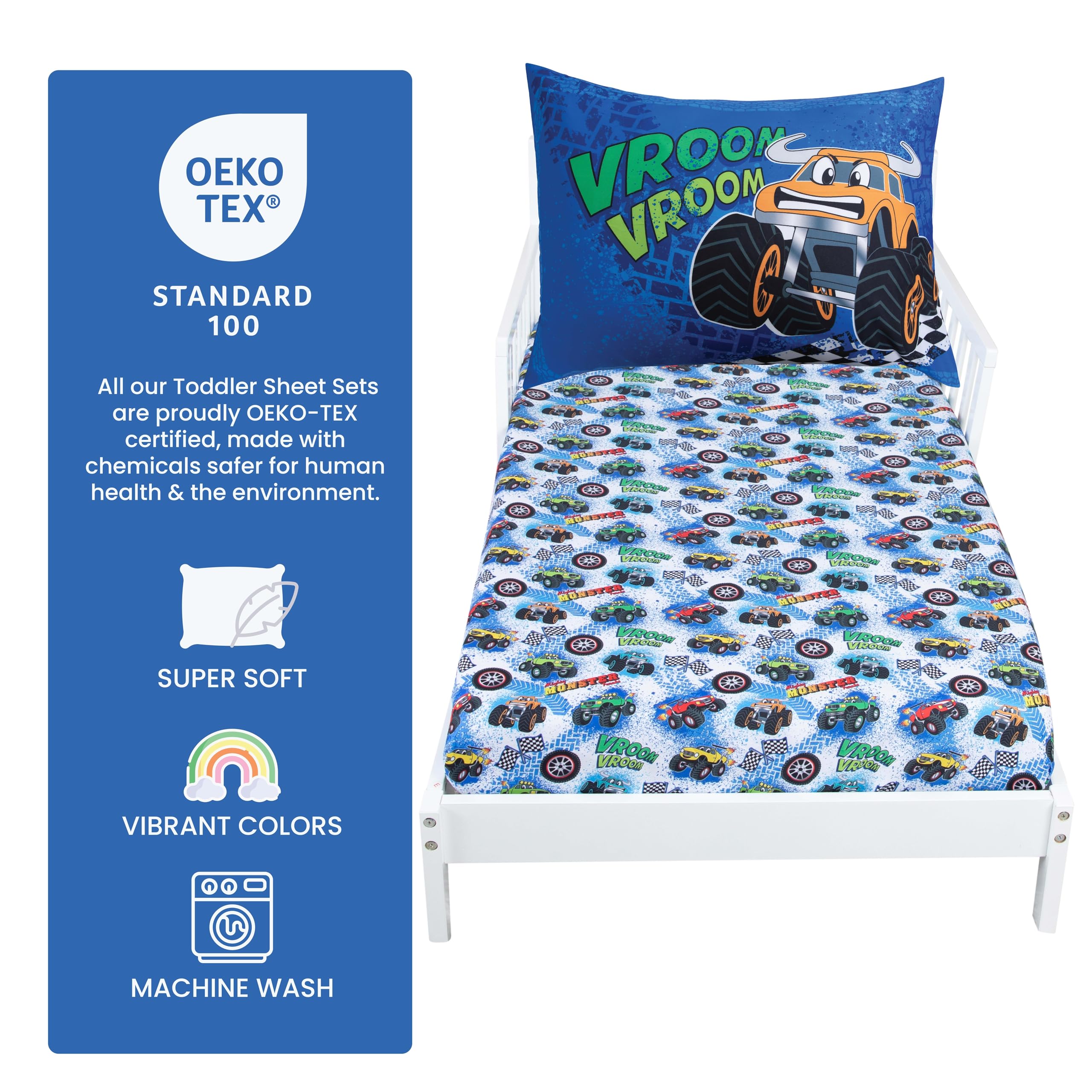 Todays Kids monster-truck pillowcase graphic supports comfortable sleep with bold color accents.