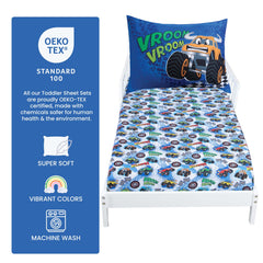 Todays Kids monster-truck pillowcase graphic supports comfortable sleep with bold color accents.