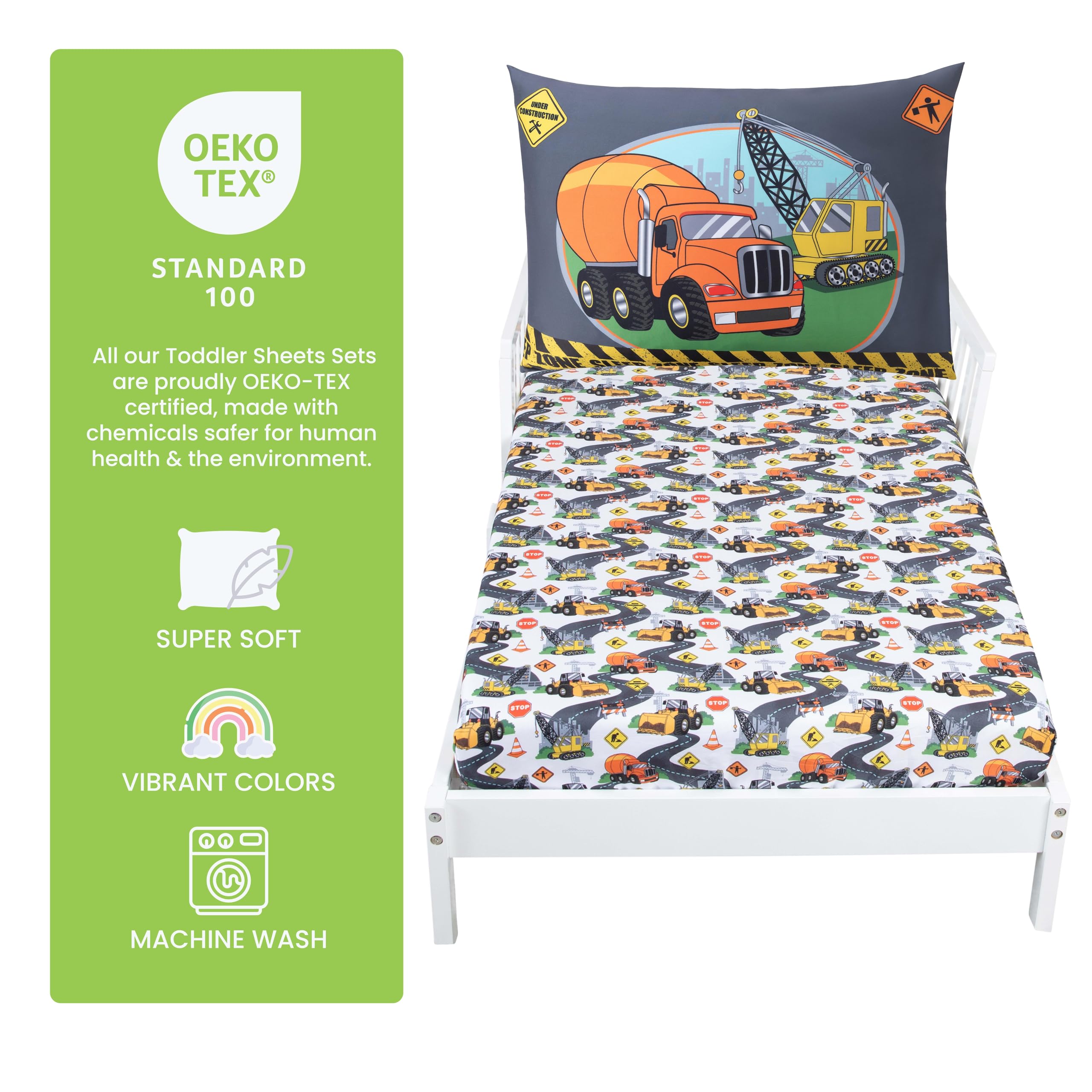 Todays Kids Under Construction blue bedding 28x52 fitted sheet with 8 inch pocket secures a snug fit.