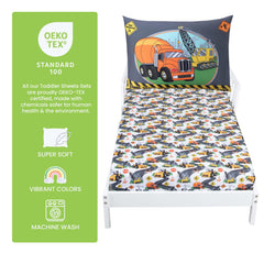 Todays Kids Under Construction blue bedding 28x52 fitted sheet with 8 inch pocket secures a snug fit.