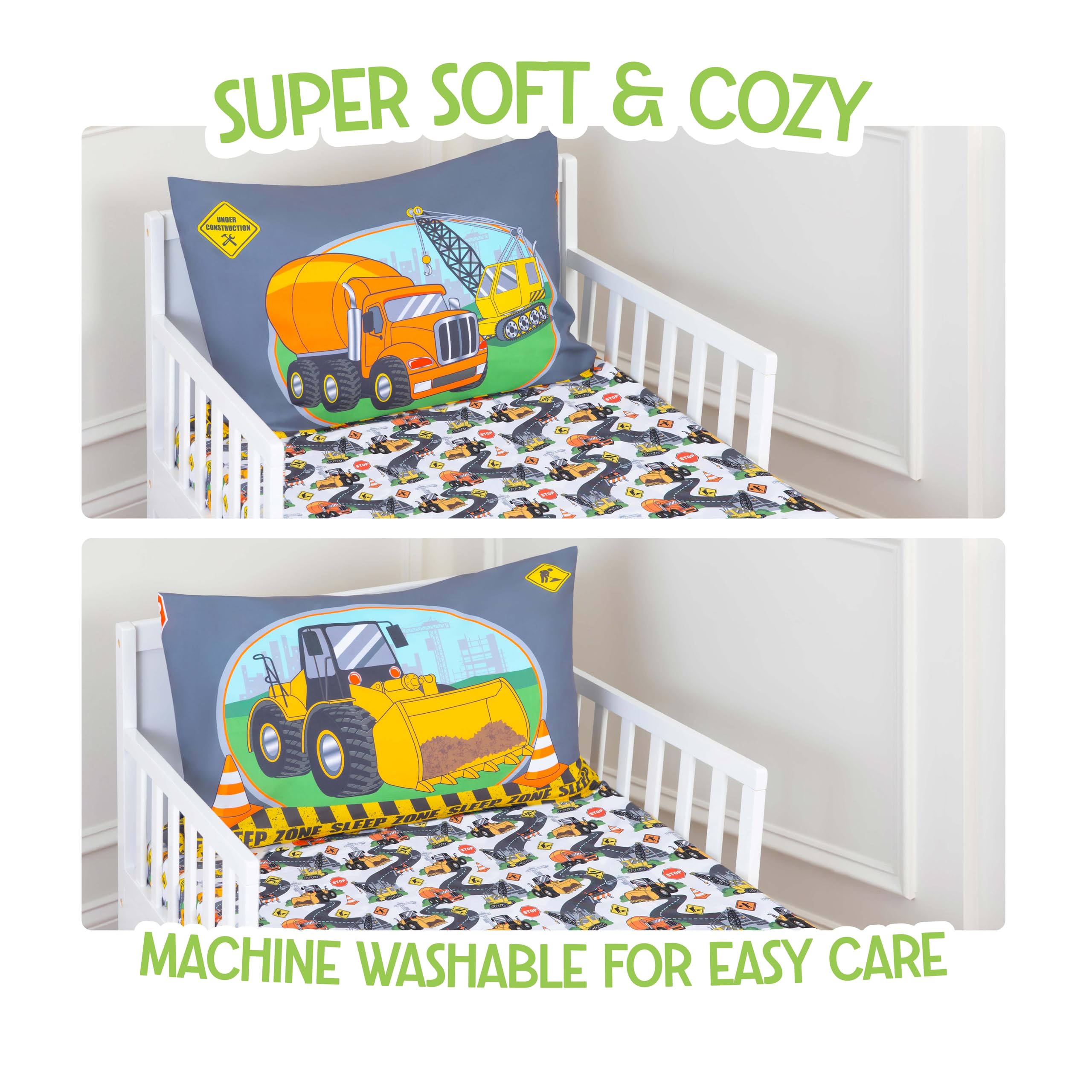 Todays Kids Under Construction blue bedding excavator and truck print adds playful bedtime visuals.