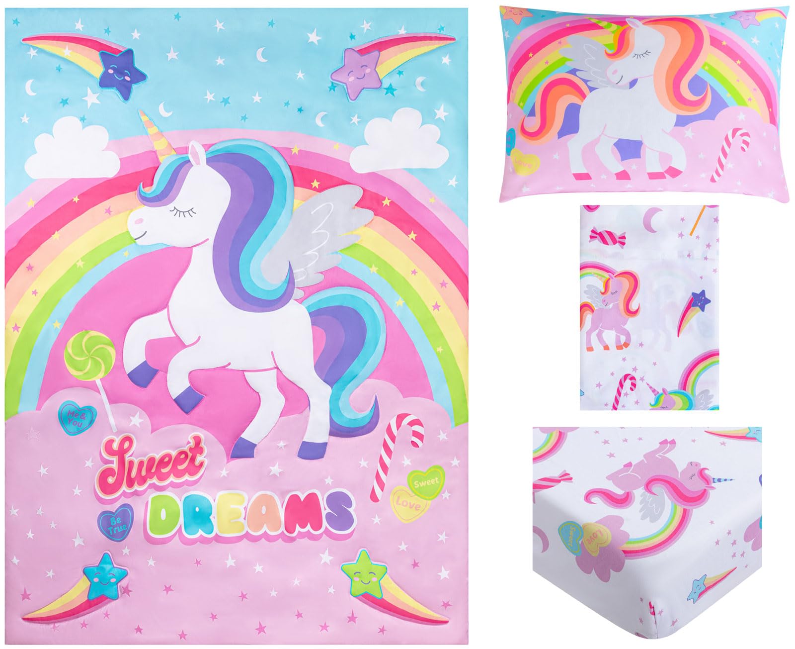 Todays Kids unicorn bedding set rainbows and castles close-up reveals magical detail and color durability