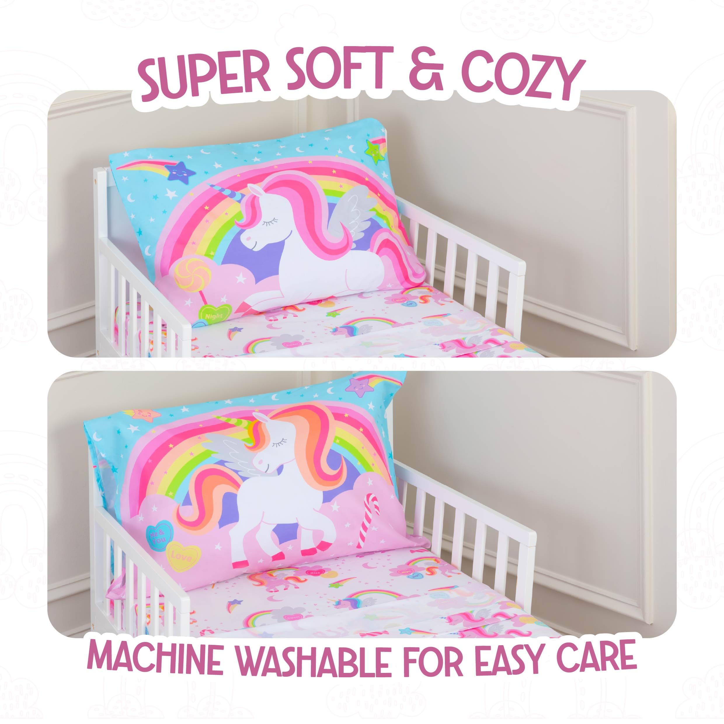 Todays Kids unicorn bedroom scene shows the set ready on a toddler bed