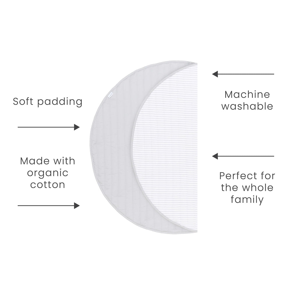 Toddlekind Organic Cotton Reversible Play Mat Stone Stripes Gray on the floor for cozy family play.