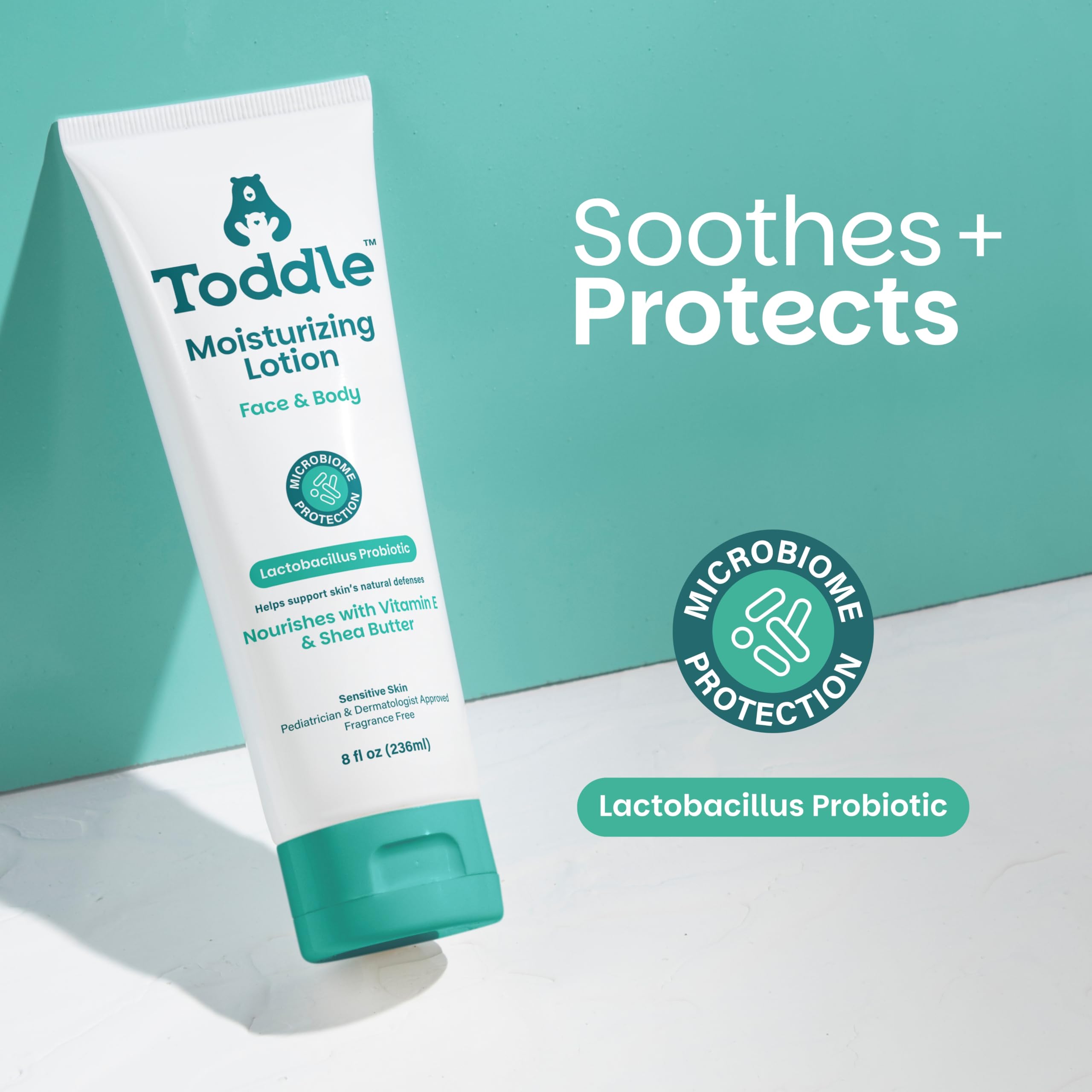 Toddle probiotic moisturizing lotion body application highlights easy, non-greasy coverage for daily use.