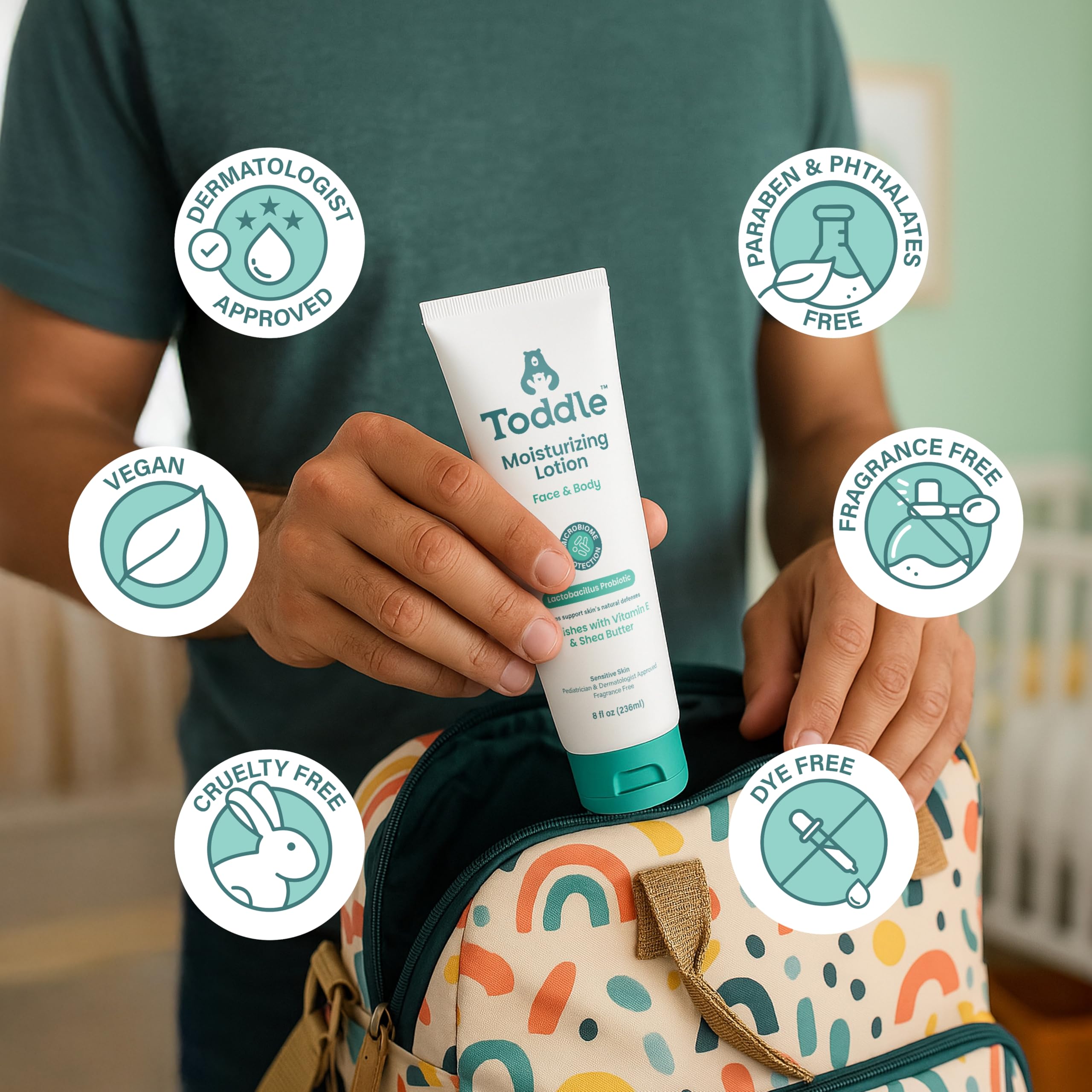 Toddle probiotic moisturizing lotion cream-texture close-up conveys lightweight hydration.