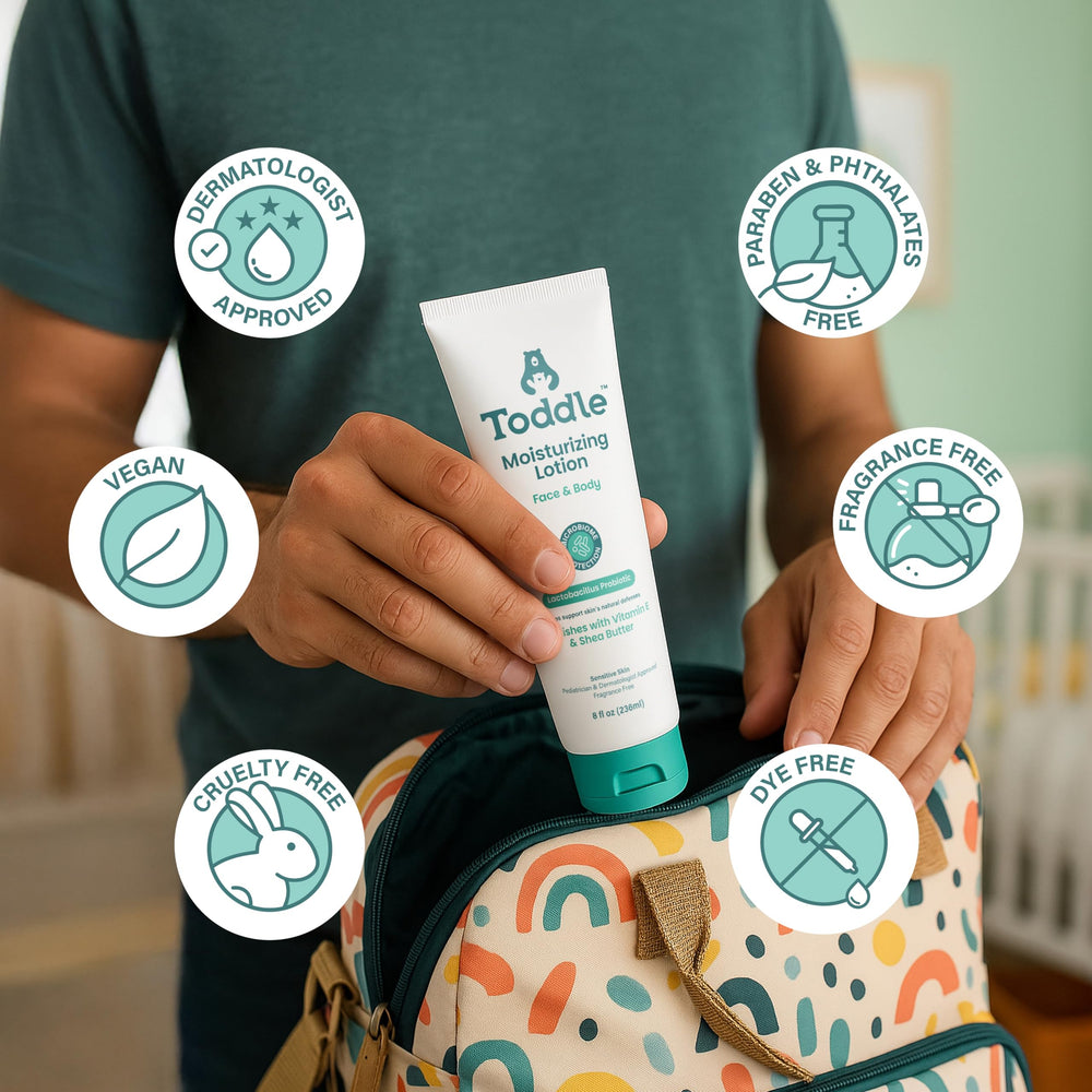 Toddle probiotic moisturizing lotion cream-texture close-up conveys lightweight hydration.