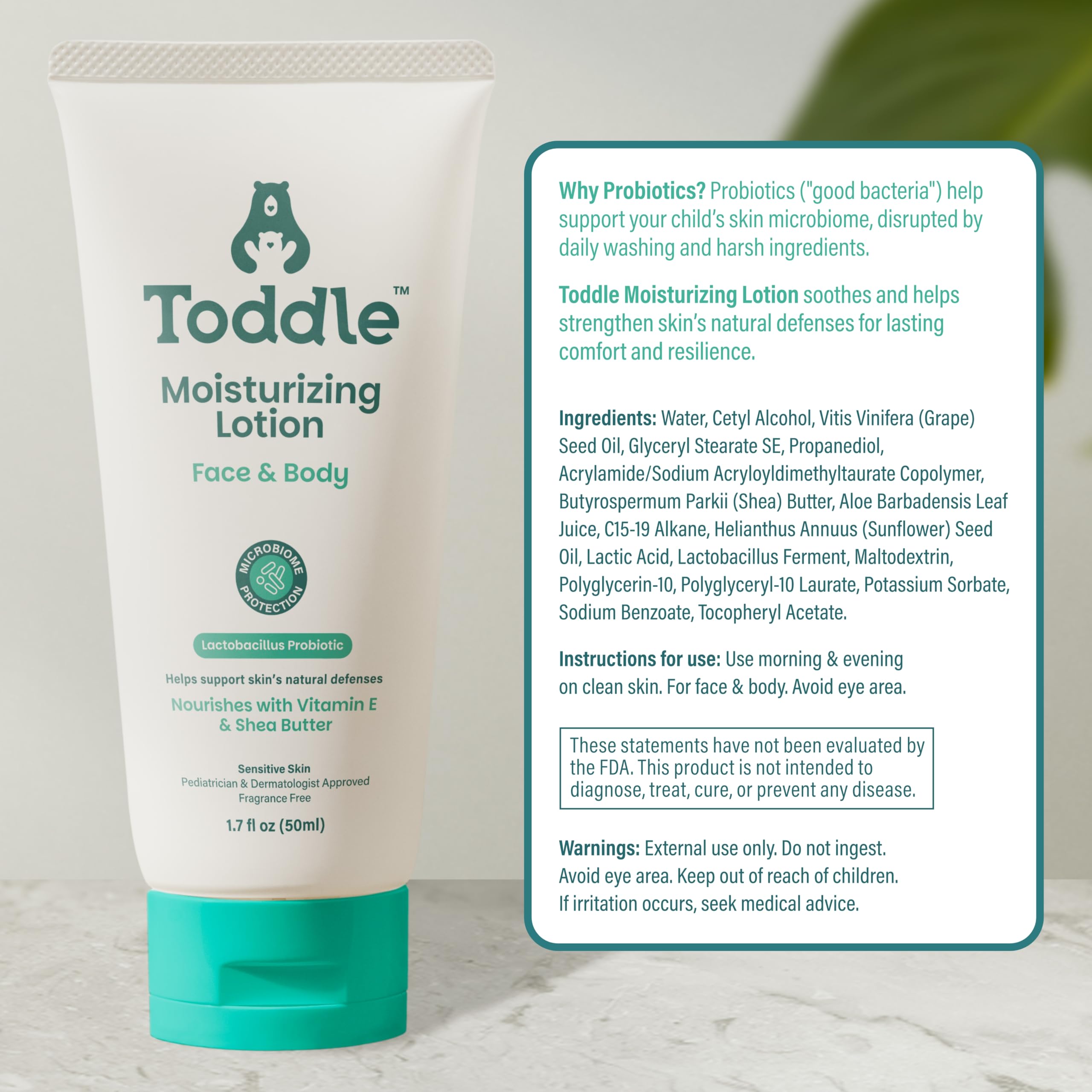Toddle probiotic moisturizing lotion eczema-prone-skin suitability supports soothing daily moisturization.