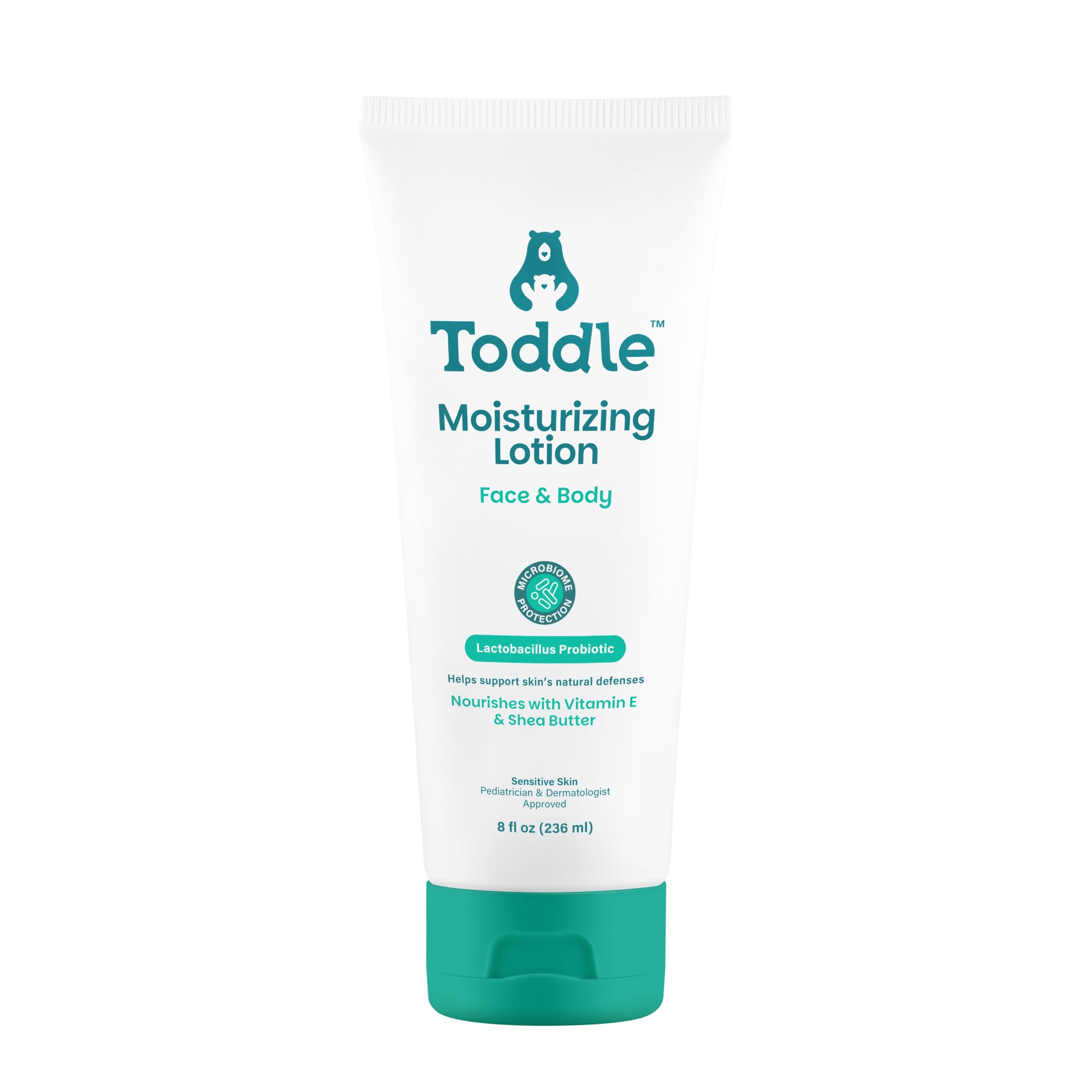 Toddle probiotic moisturizing lotion face closeup demonstrates gentle, hydrating care for sensitive skin.
