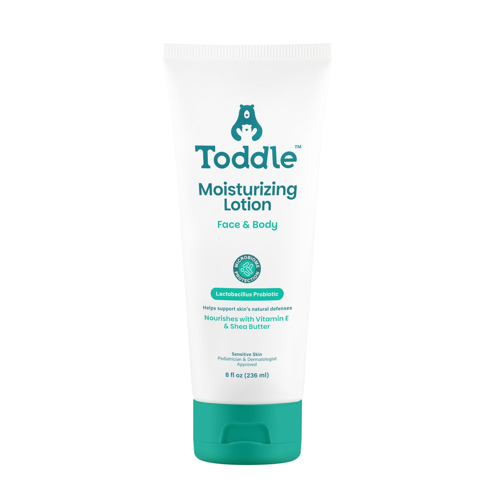 Toddle probiotic moisturizing lotion face closeup demonstrates gentle, hydrating care for sensitive skin.