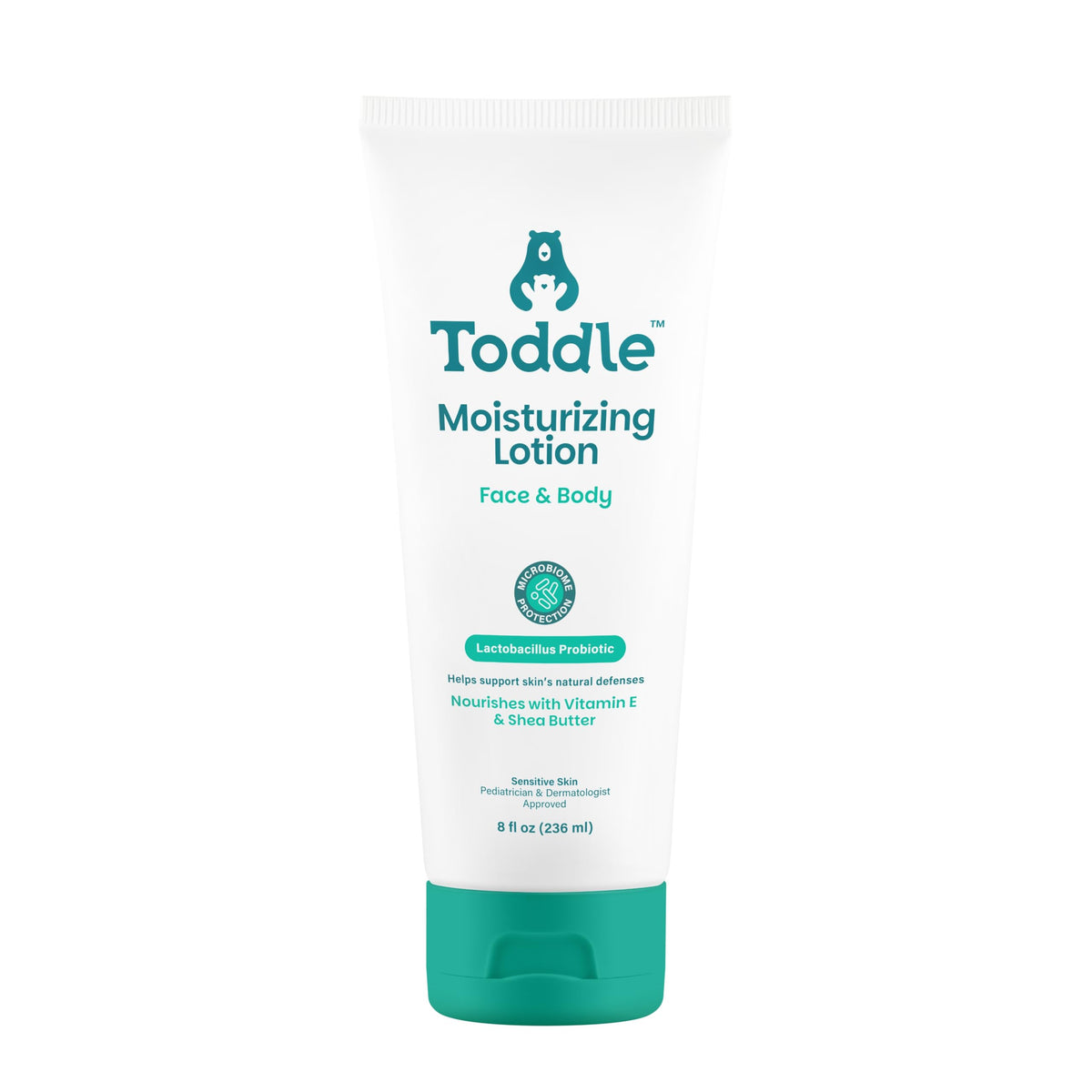 Toddle probiotic moisturizing lotion face closeup demonstrates gentle, hydrating care for sensitive skin.