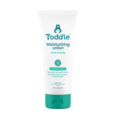 Toddle probiotic moisturizing lotion face closeup demonstrates gentle, hydrating care for sensitive skin.