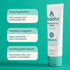 Toddle probiotic moisturizing lotion fragrance-free label emphasizes fragrance-free formula for sensitive skin relief.