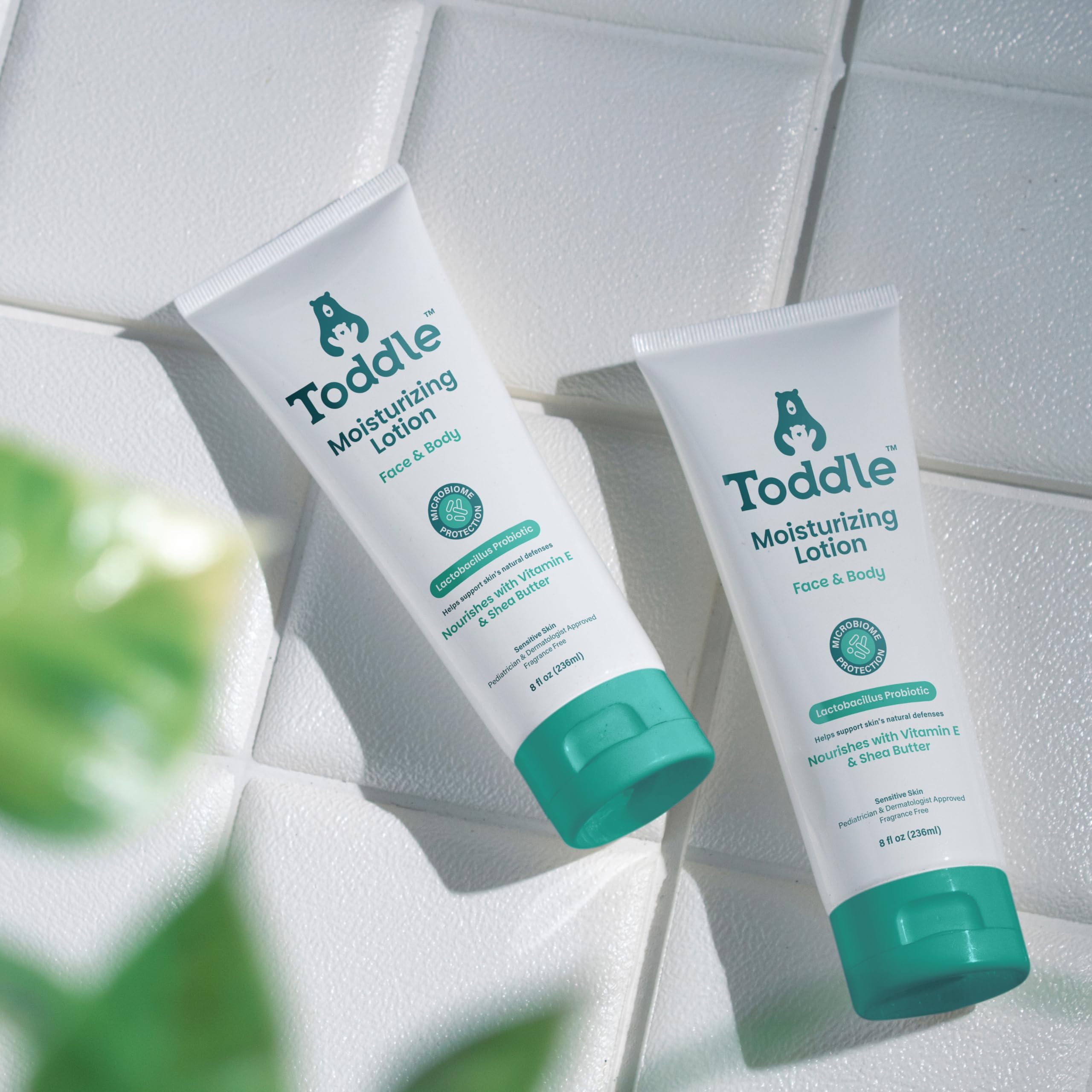 Toddle probiotic moisturizing lotion pediatrician-approved-packaging highlights safe product for families.
