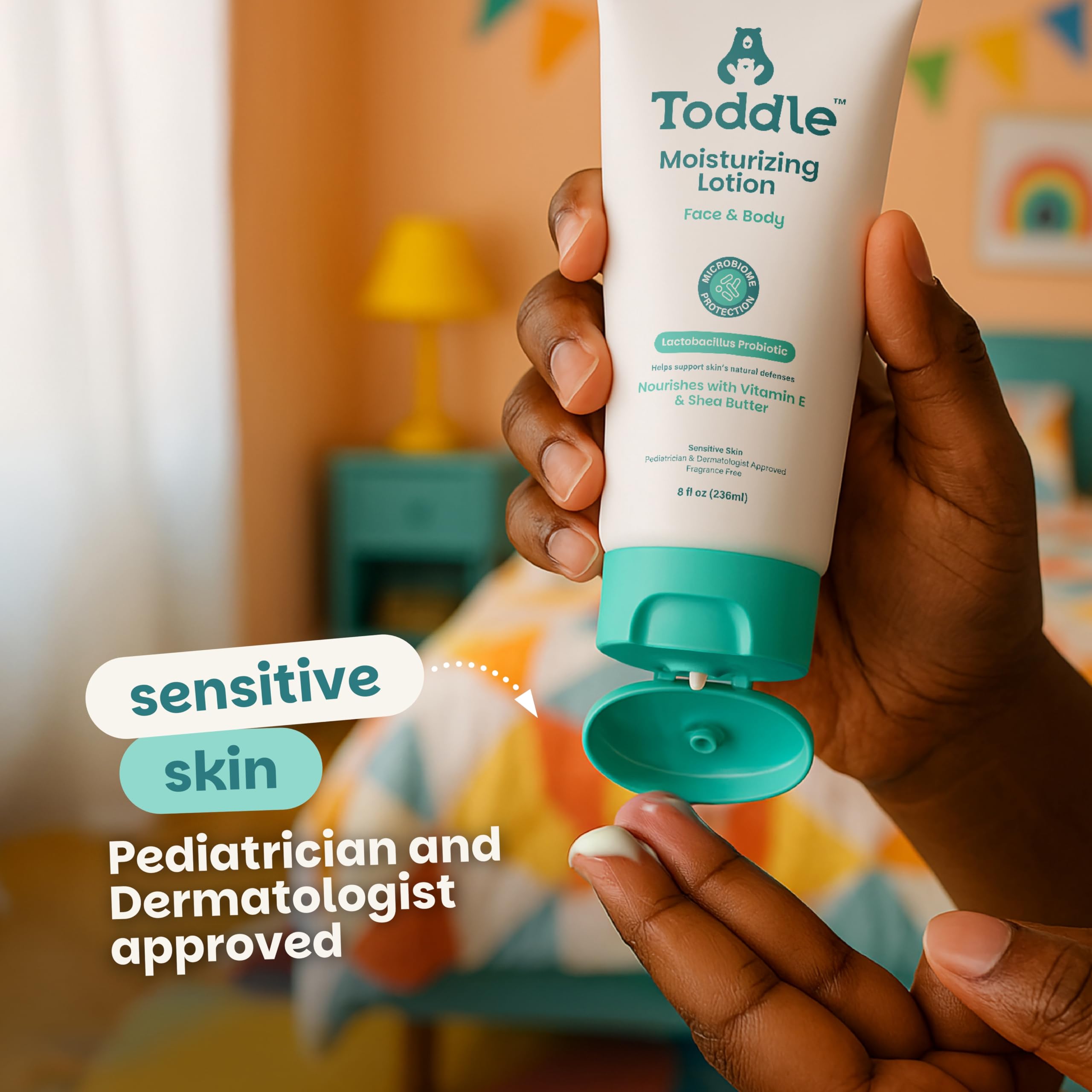 Toddle probiotic moisturizing lotion vitamin E and shea butter highlight nourishing skin barrier support.