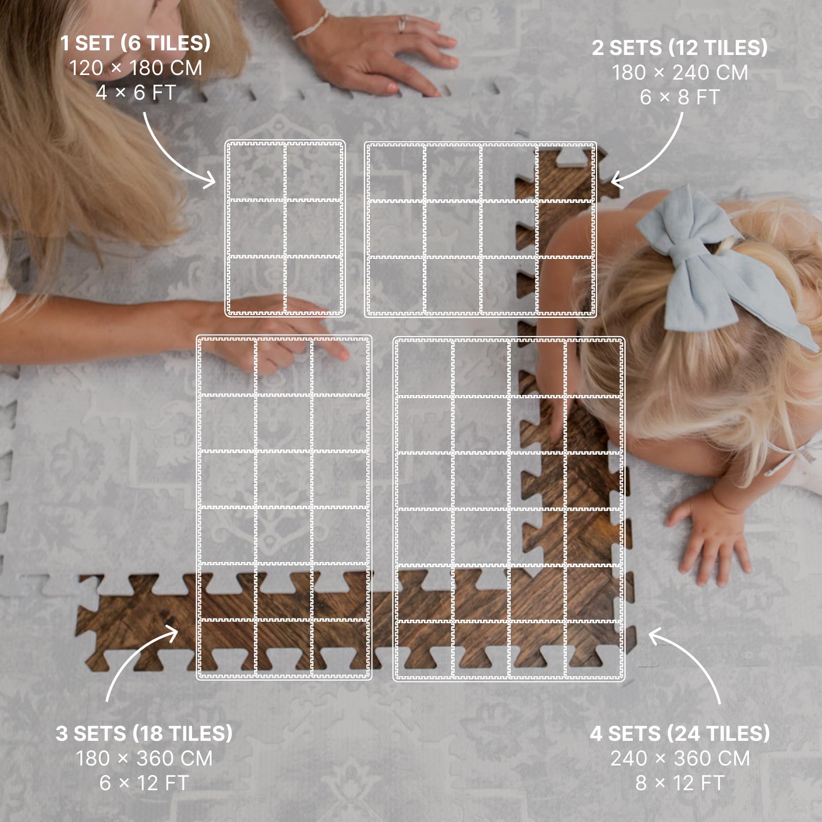 Toddlekind Pearl Blue 4x6 ft area shown as a spacious tummy time play mat.