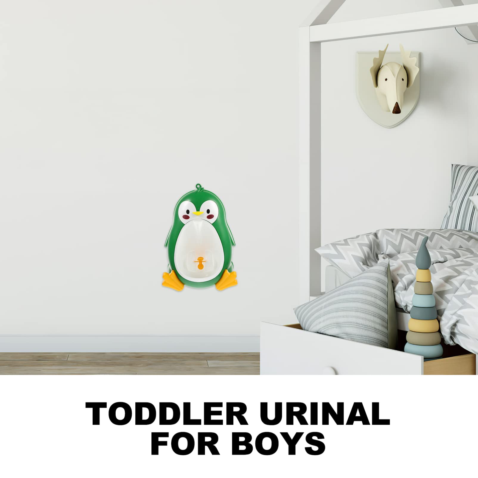 Toddmomy penguin urinal image highlighting suction cups for versatile attachment on flat bathroom surfaces.
