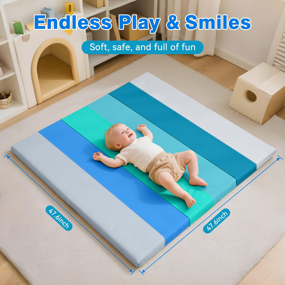 TODIBY foam baby play mat folds away neatly for on-the-go.