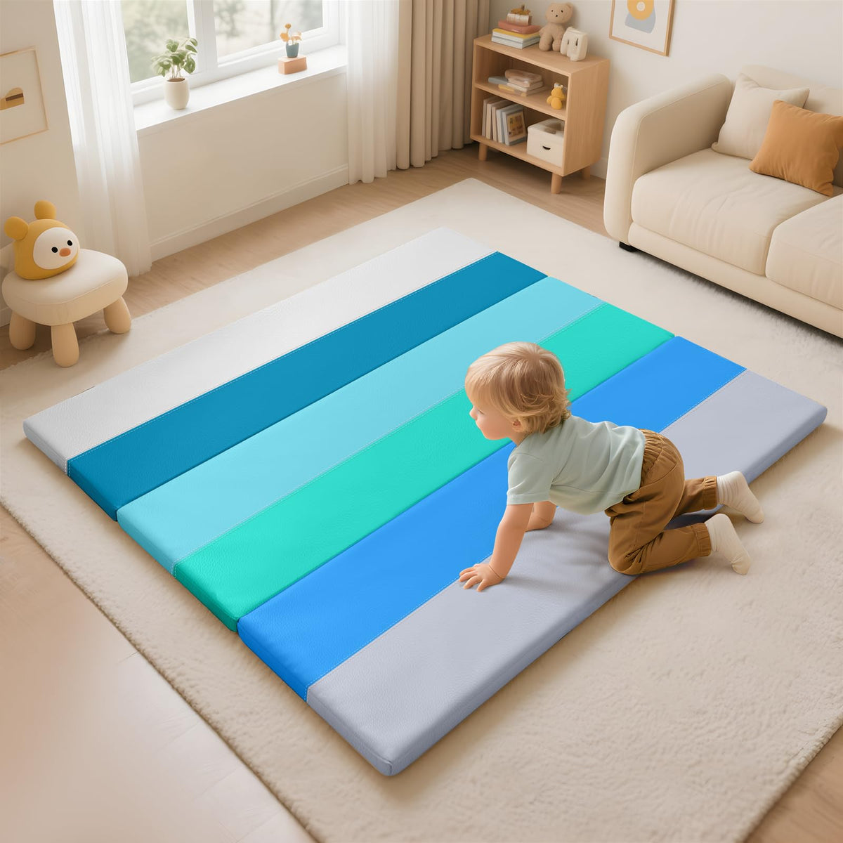 TODIBY foam baby play mat with waterproof leather surface for easy cleanups.
