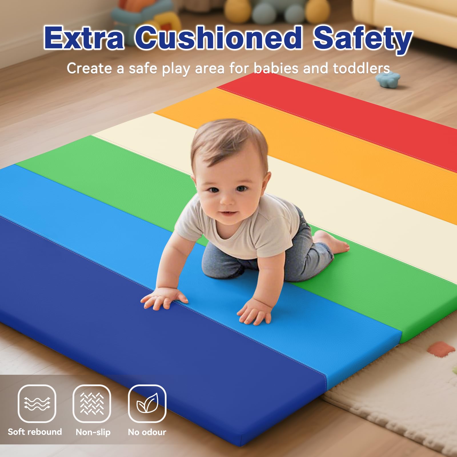 TODIBY indoor-outdoor versatility shown with toddler practicing crawling on mat.