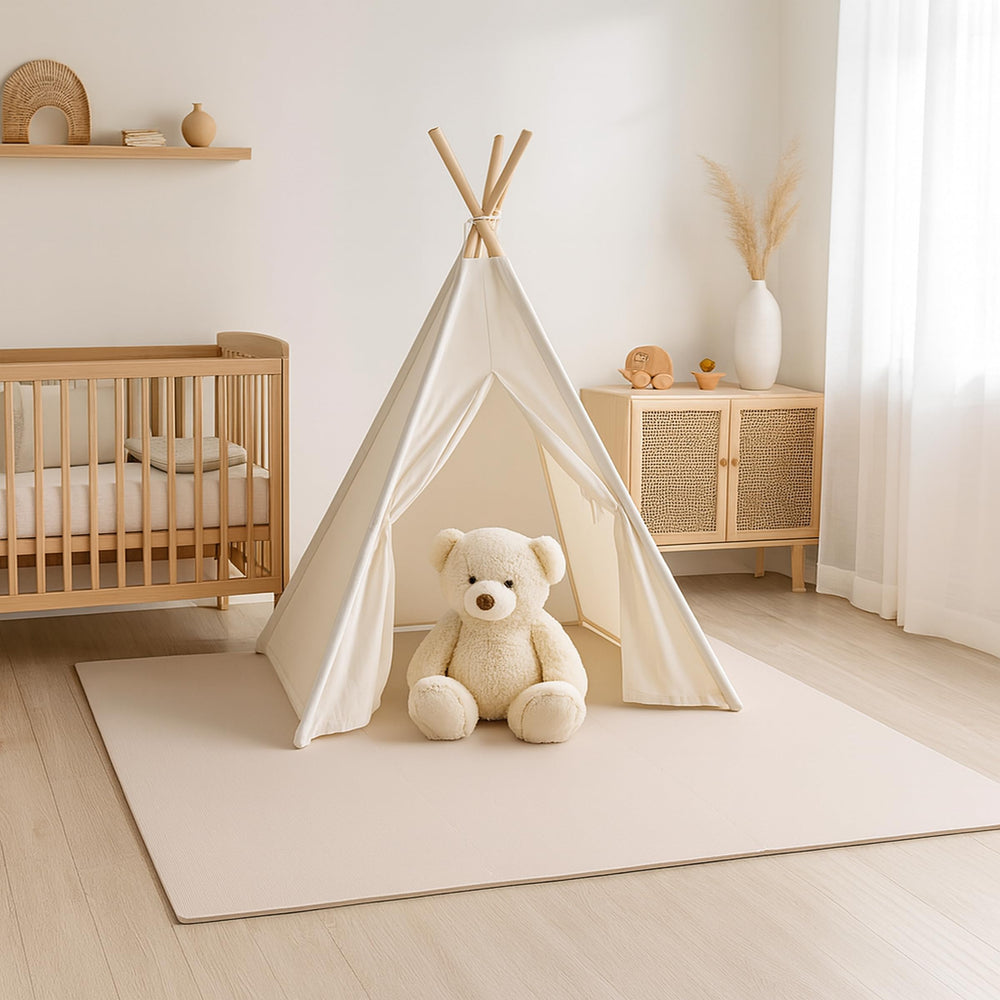 Toddlekind 4x4 ft mat provides a soft space for playtime.