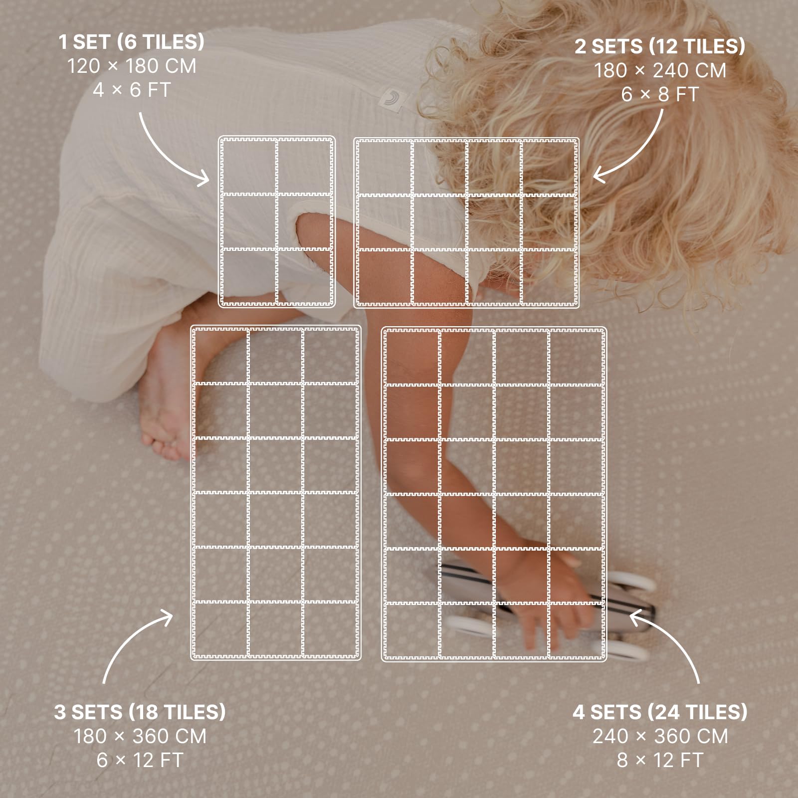 Toddlekind premium foam playmat tiles in 4x6 configuration for expandable play space.