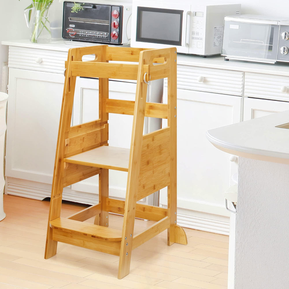 TOETOL Bamboo Toddler Step Stool shows 3-height adjustment to grow with your child