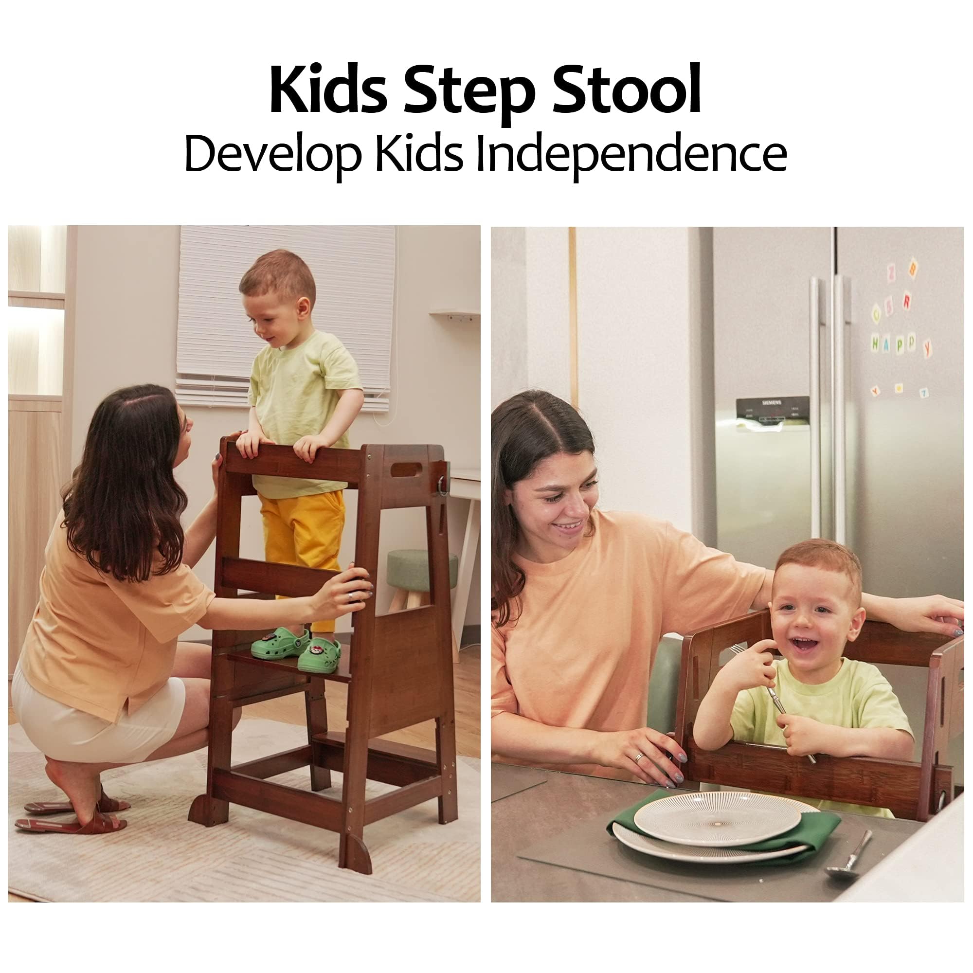 TOETOL bamboo toddler step stool anti-slip-mat protects feet.