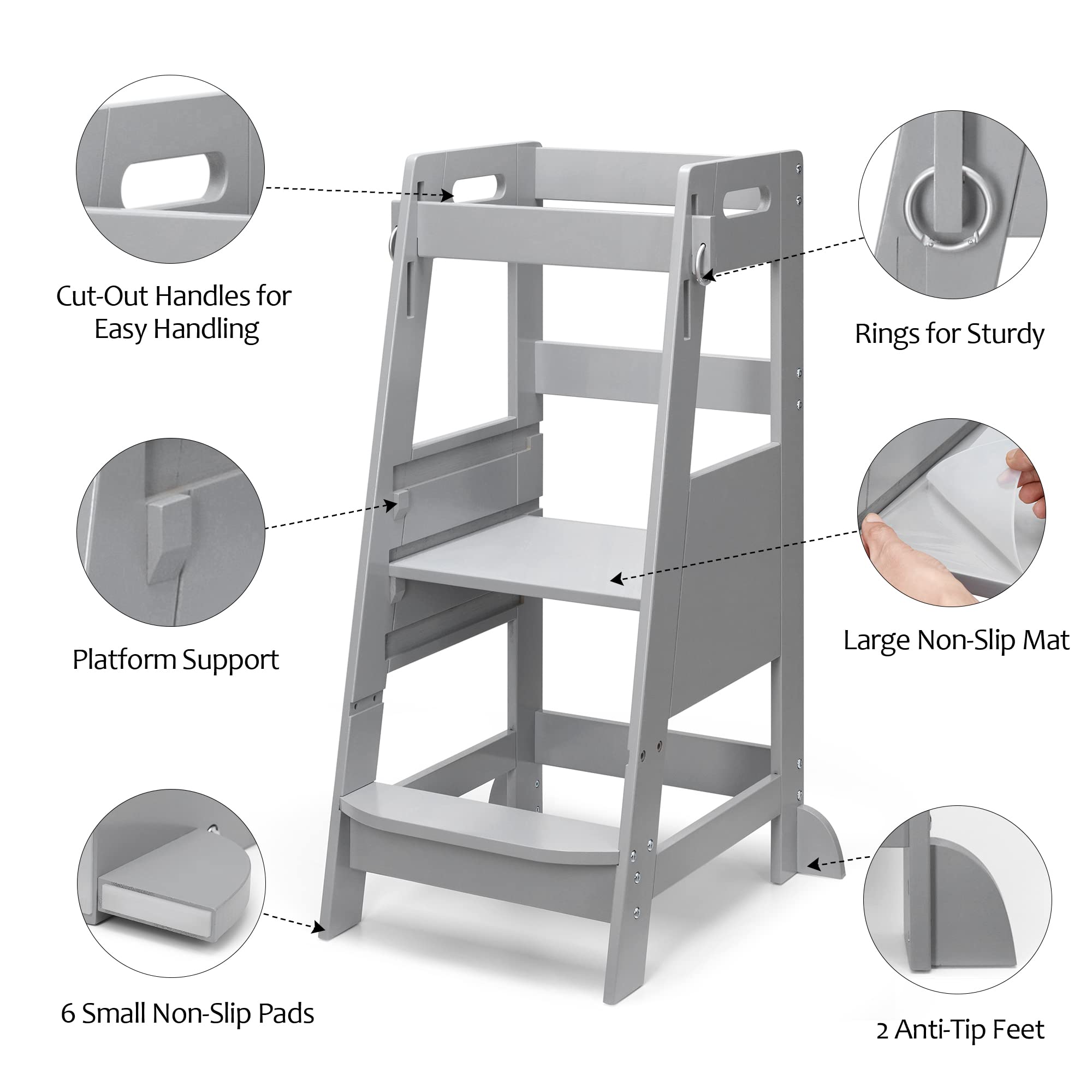 TOETOL bamboo toddler step stool height-adjustment view demonstrates 3 levels for growing kids.