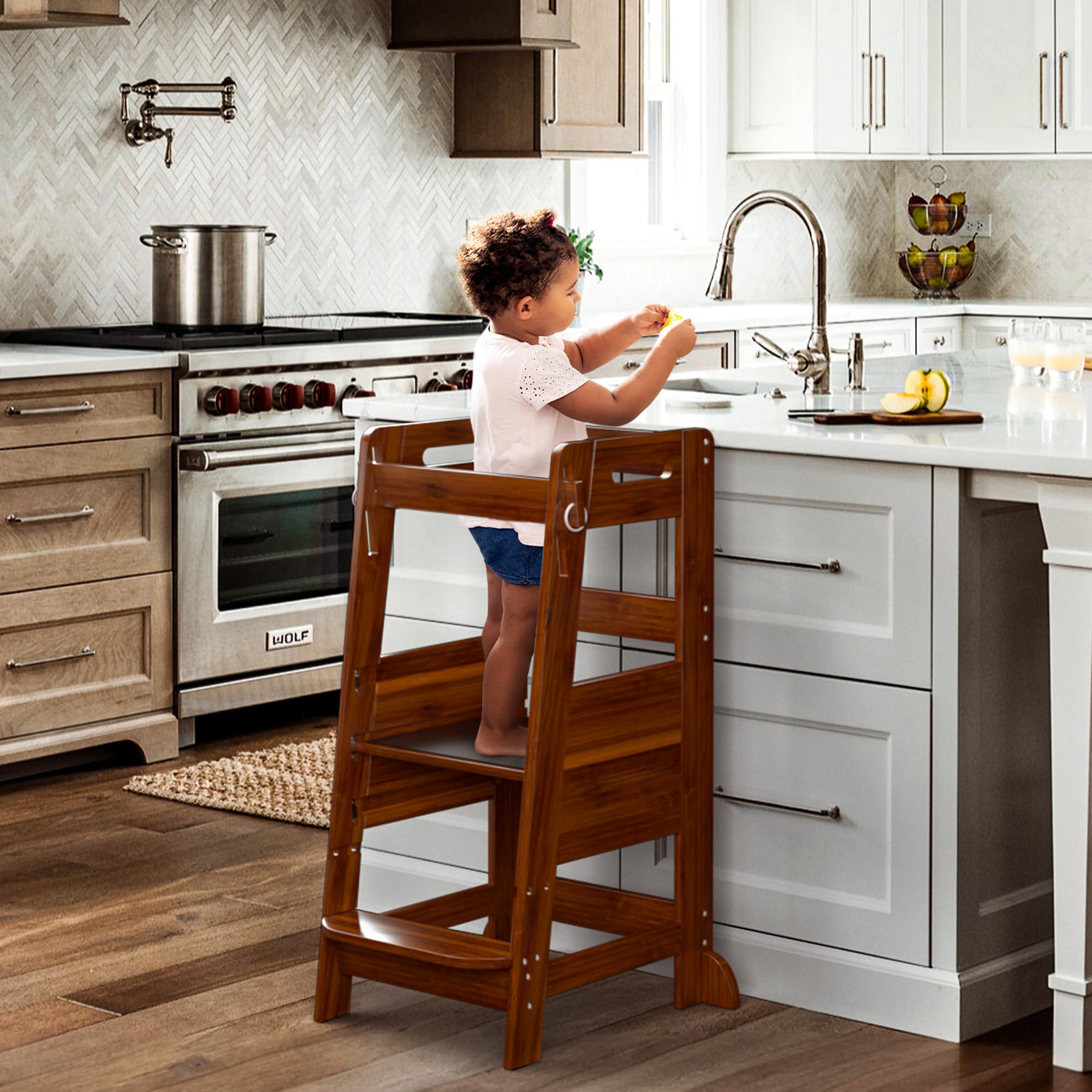 TOETOL bamboo toddler step stool height-adjustable helps growth.