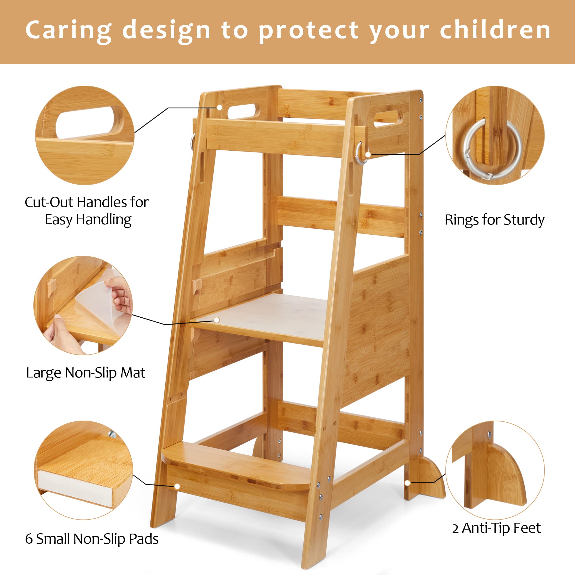 TOETOL Bamboo Toddler Step Stool with safety rail keeps children secure at counter