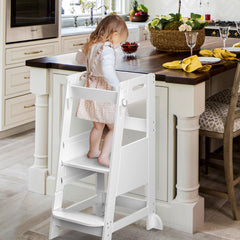 TOETOL white standing tower with adjustable height for growing kids at the sink