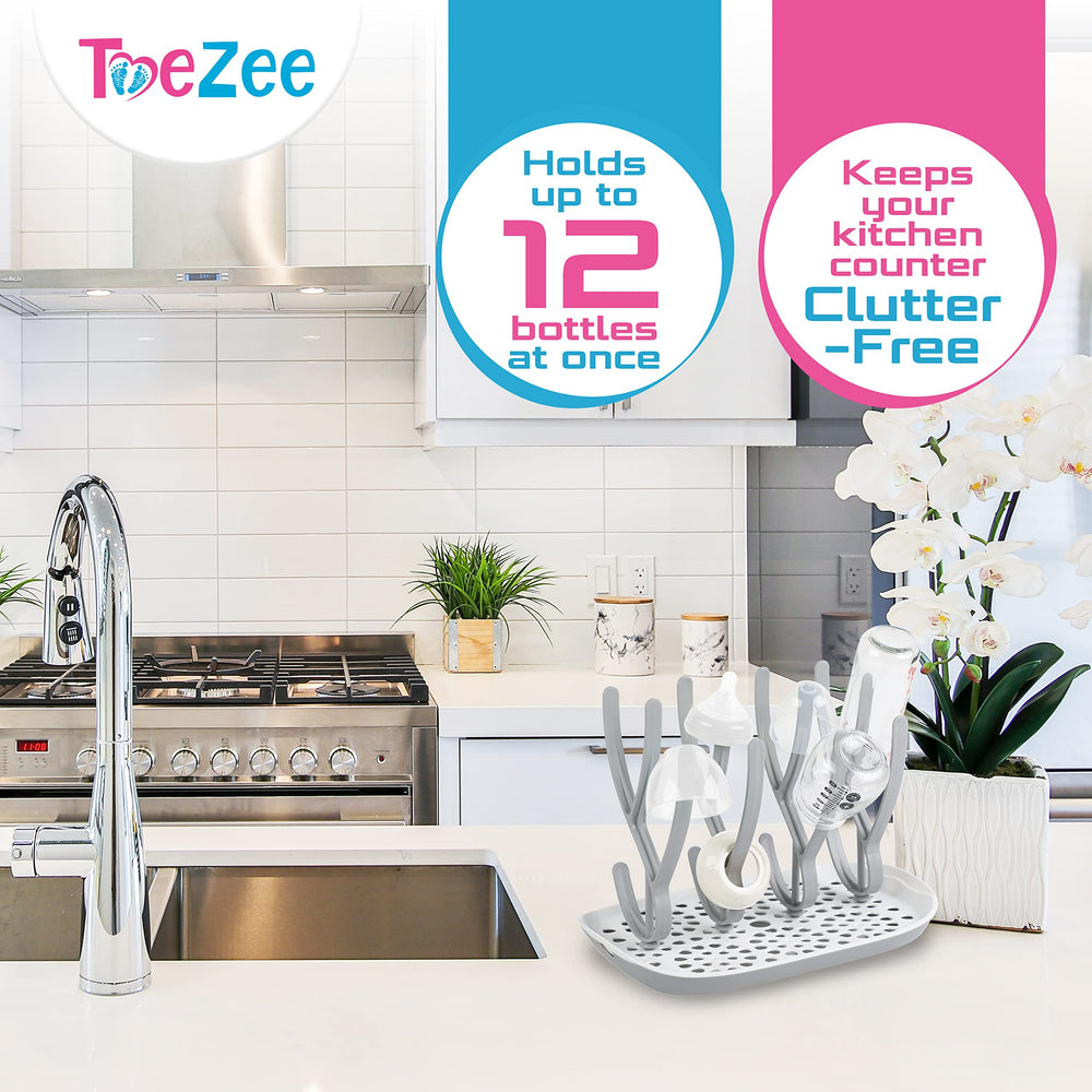 ToeZee rack holds bottles and parts, keeping baby gear neatly organized