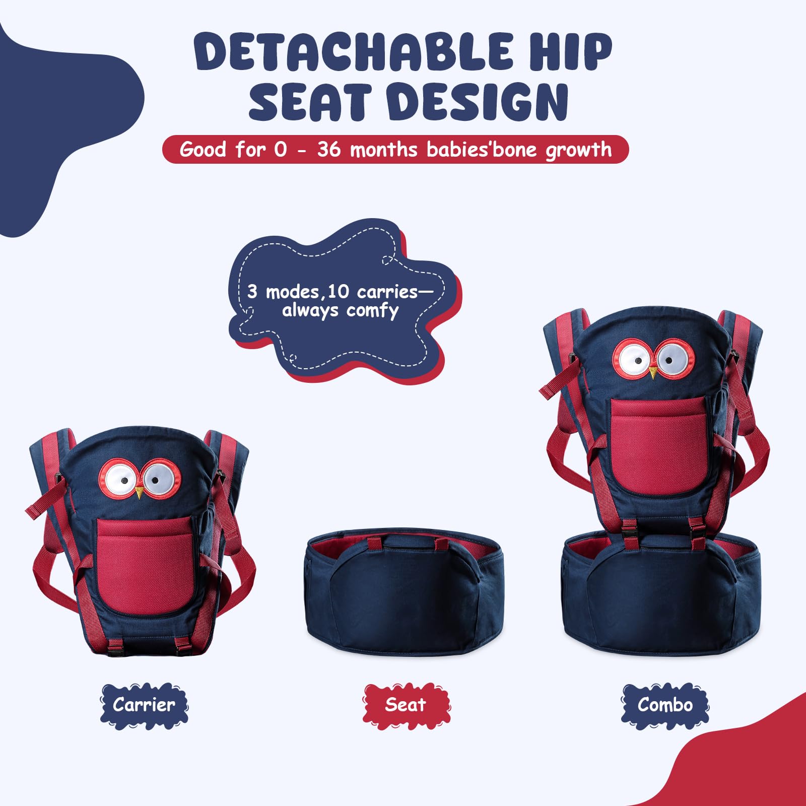 TOFFCAEA 6-in-1 side carry image highlighting comfortable hip seat and easy switching.