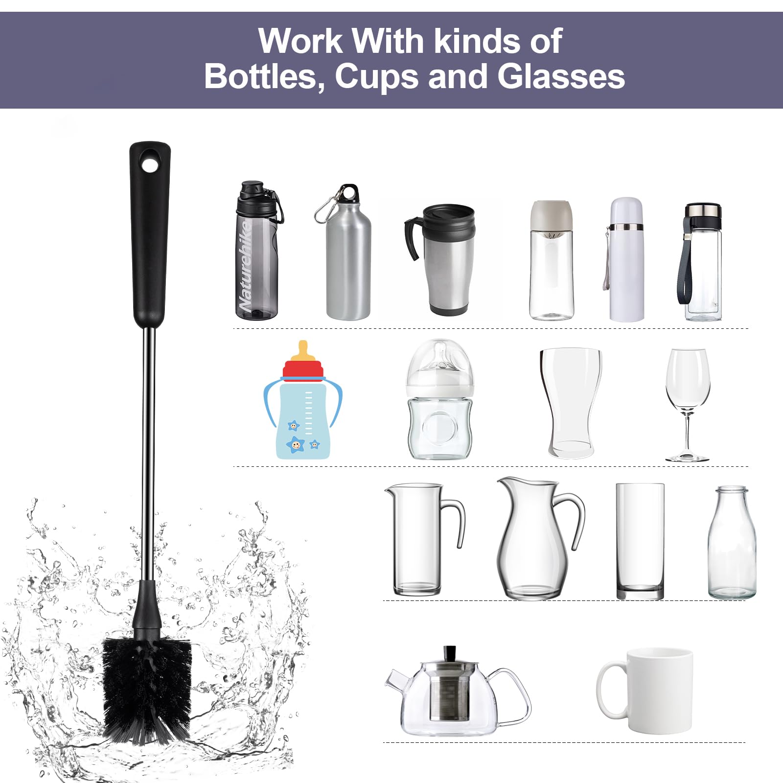 ToGeeKa water bottle brush in kitchen scene demonstrating versatile cleaning.