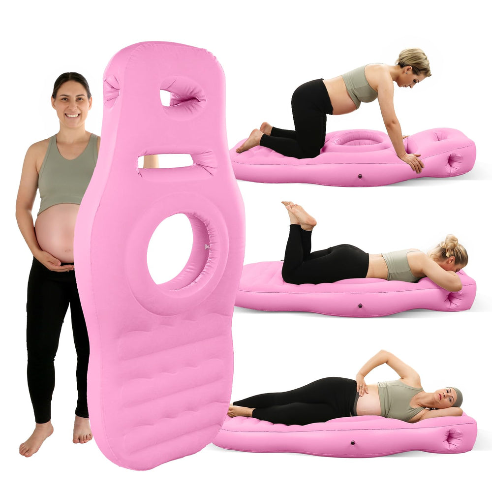 Toggloo inflatable pregnancy pillow full-body bed setup provides back and belly support.