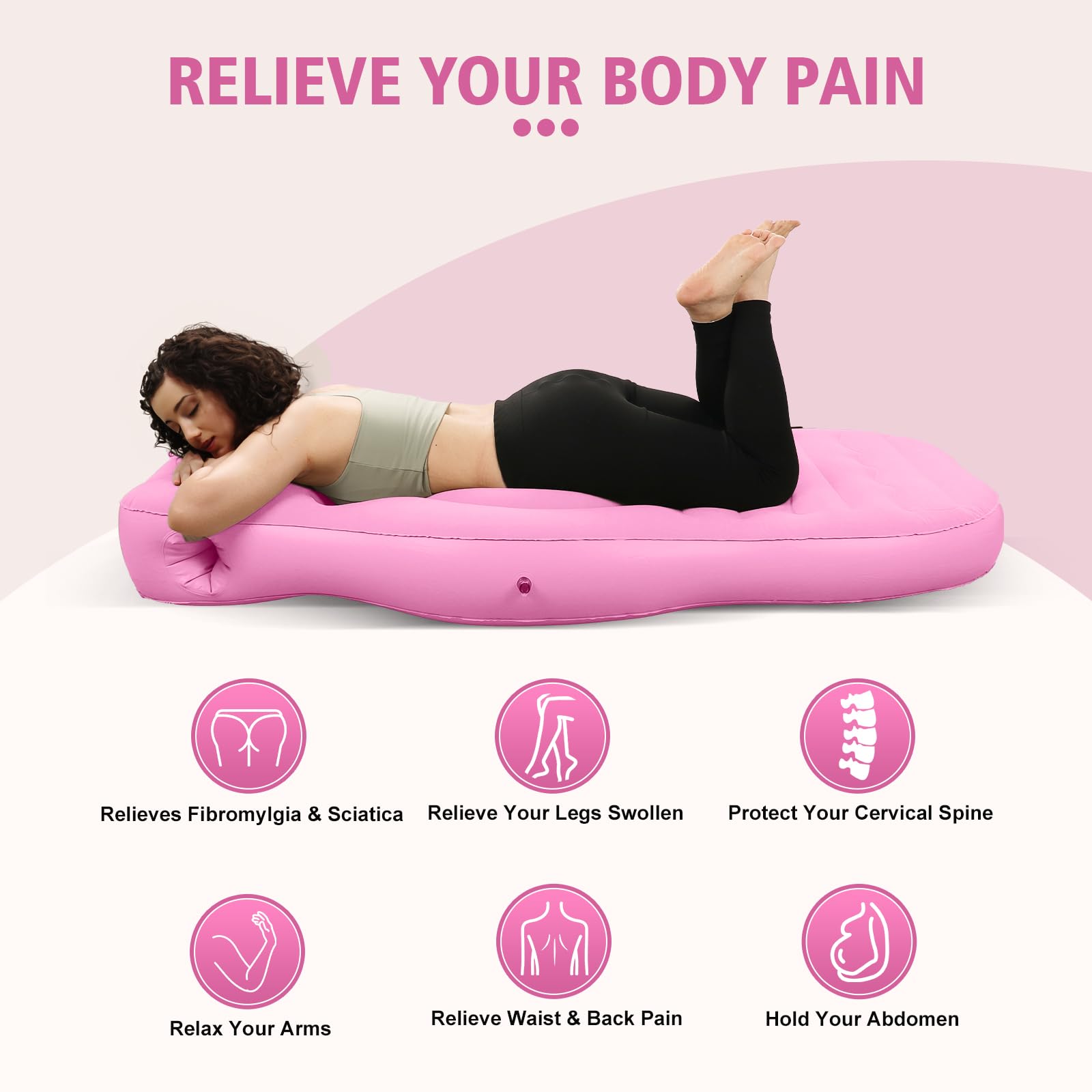 Toggloo pink maternity airbed belly hole showcases belly-area relief during sleep.
